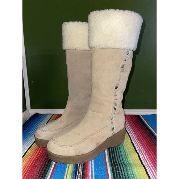 Steve Madden Boots Women 7.5 Beige Seminole Suede Y2K Turquoise Beads Studs - Picture 2 of 13
